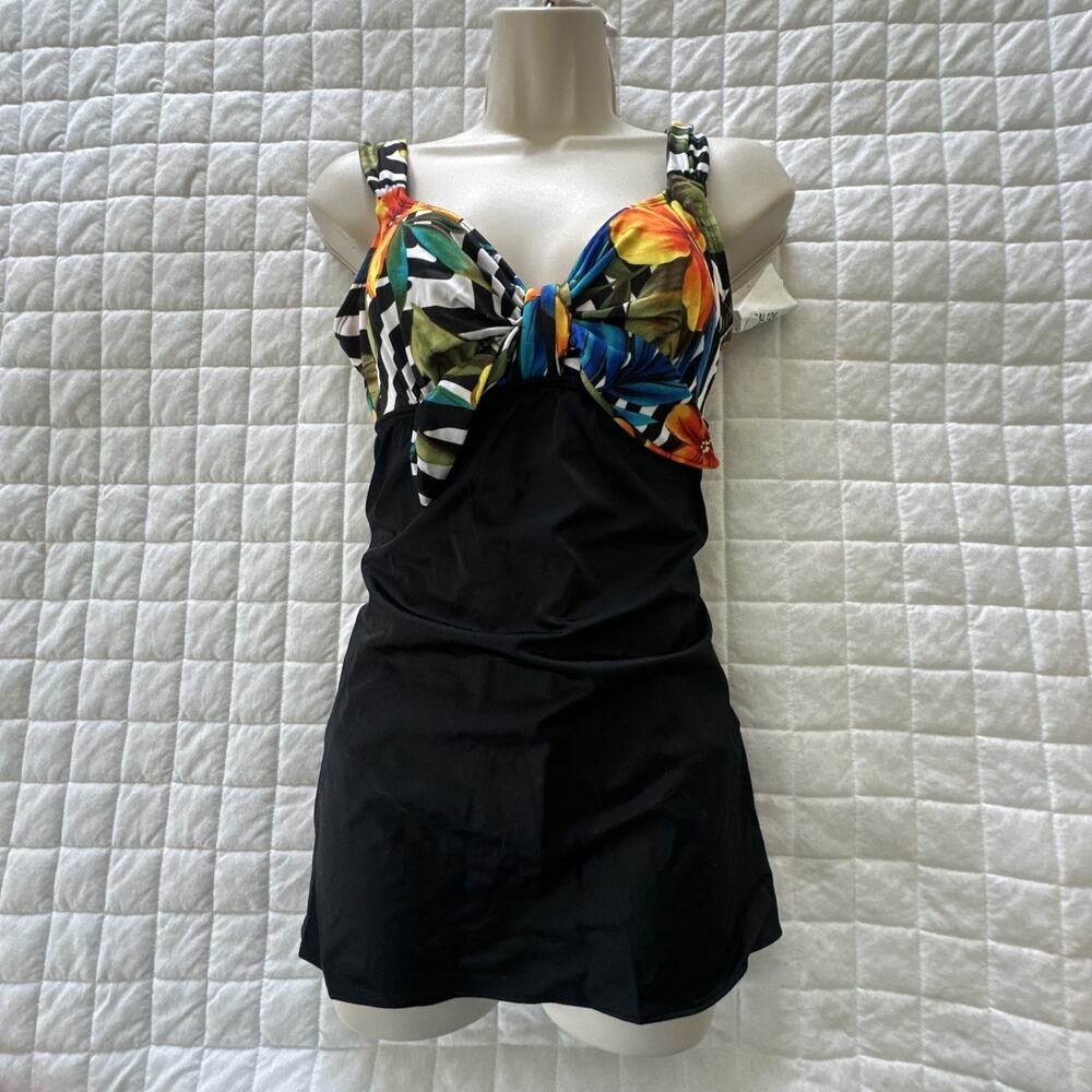 Great Lengths Swimwear Womens 10 Black Swim Dress Tie Front Tropical Beach